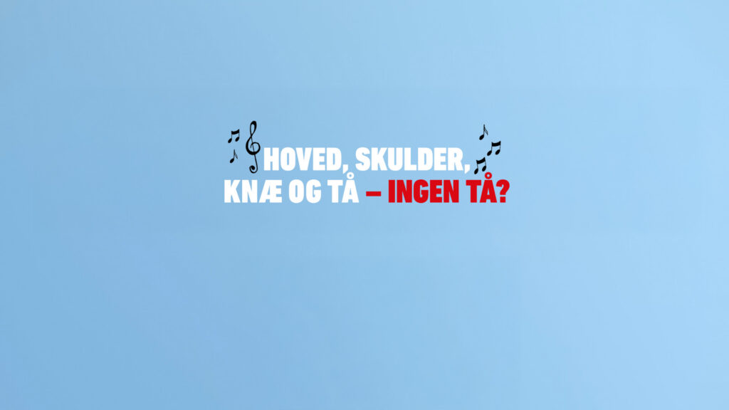 På billedet ses noder omkring teksten 'Hoved, skulder, knæ og tå - ingen tå?' på en blå baggrund