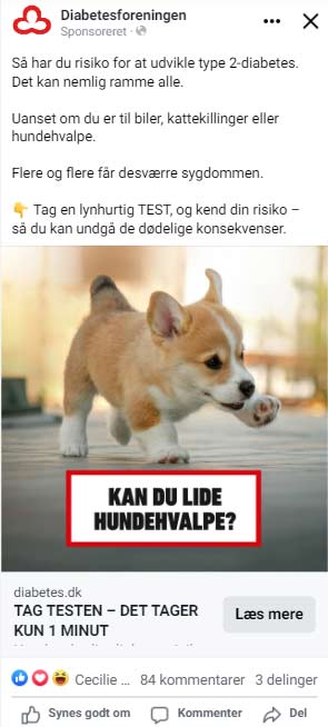 Opslag fra Diabetesforeningens Facebook med et billede af en hund med teksten 'Kan du lide hundehvalpe?'