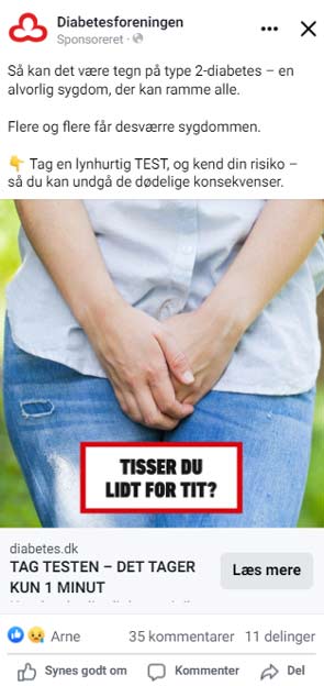 Opslag fra Diabetesforeningens Facebook med et billede af kvinde med teksten 'Tisser du lidt for tit?'