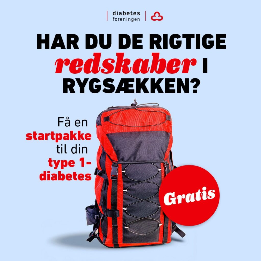 Rygsæk med teksten: Har du de rigtige redskaber i rygsækken? Få en startpakke til din type 1-diabetes. Gratis.